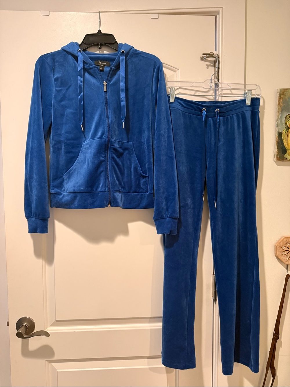 Blue Velour Zip Hoodie & Drawstring Pants Set